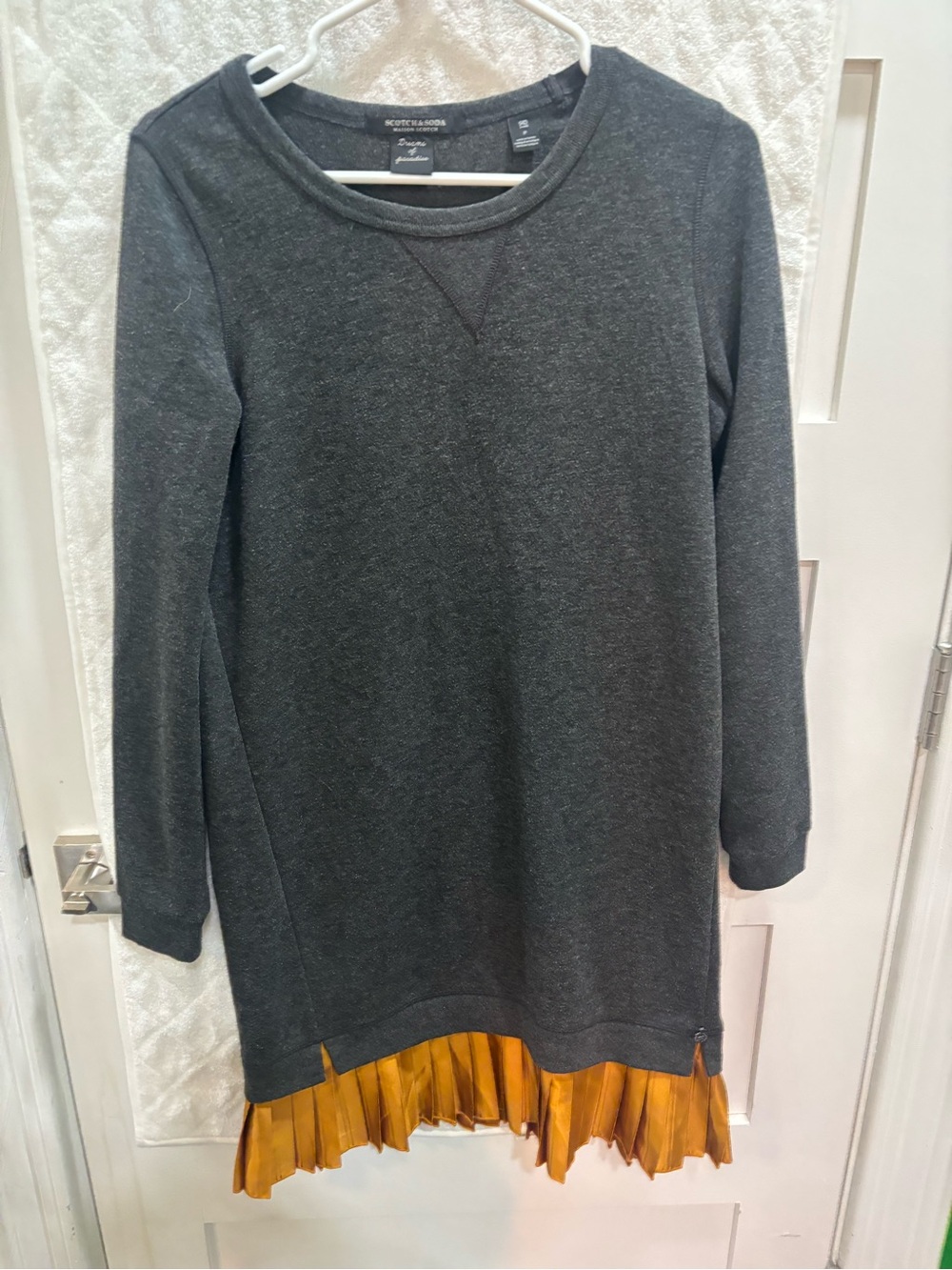 Scotch & Soda Gray Sweatshirt Dress with Mustard satin Pleated Hem